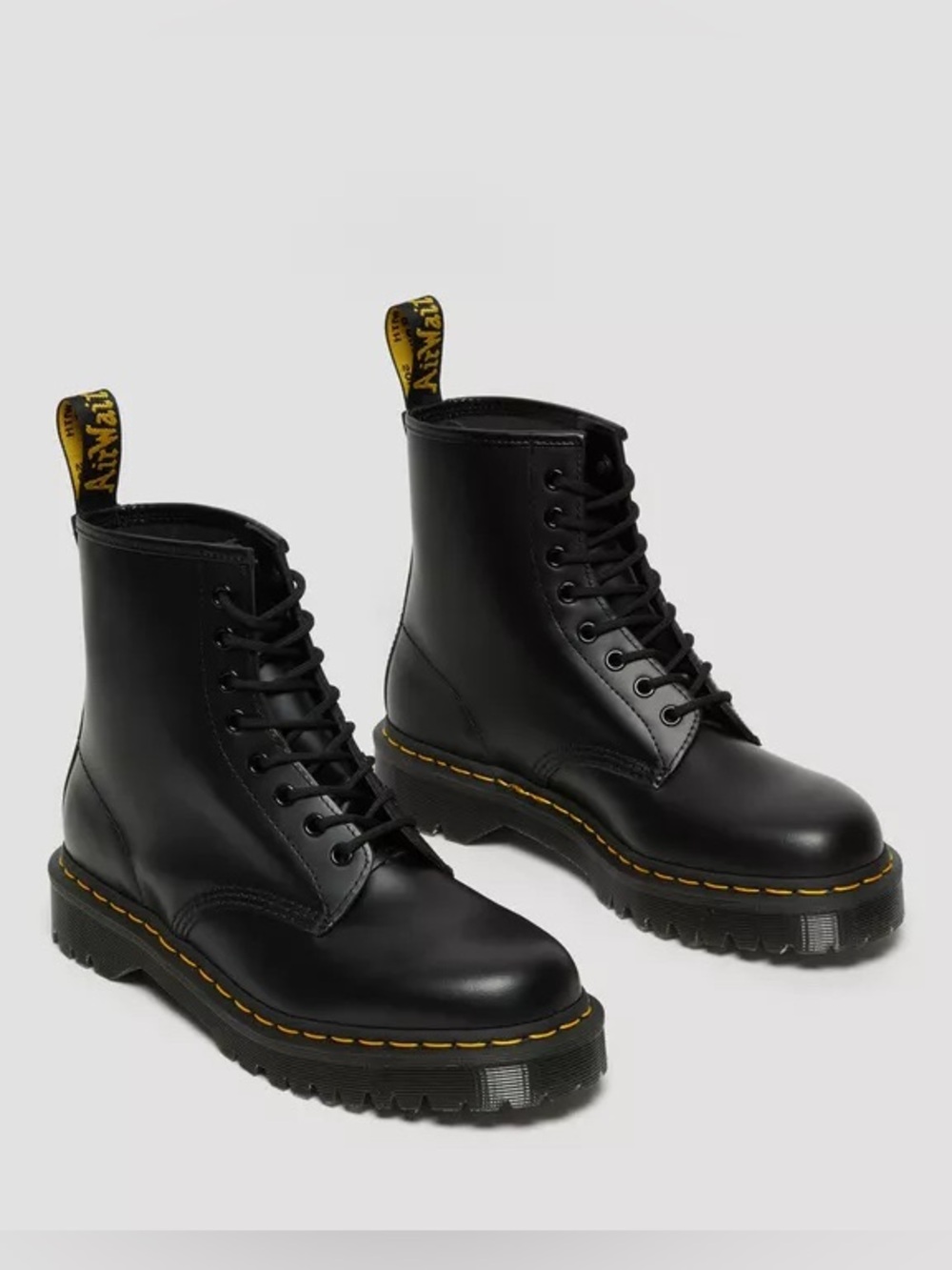Dr. Martens Black Leather Combat Boots with Yellow Stitching